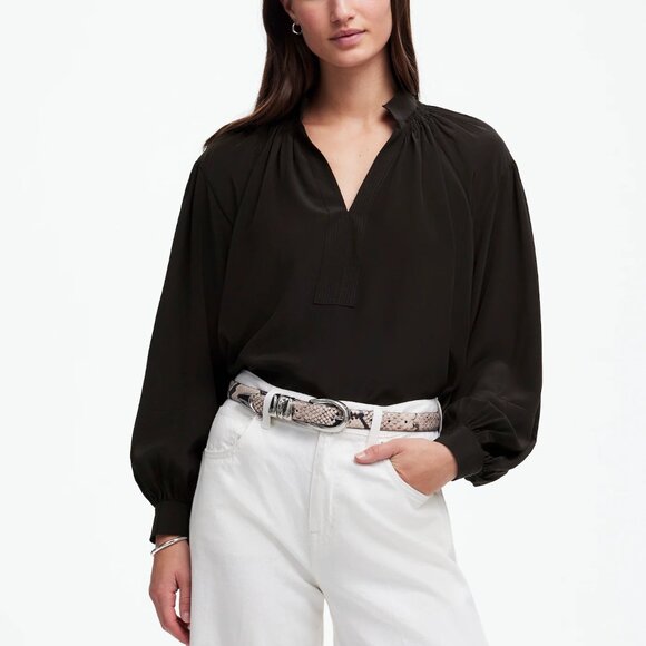 Madewell Shirred 100% Silk Long-Sleeve Regular Fit Top Black Size S NWT - Picture 1 of 8